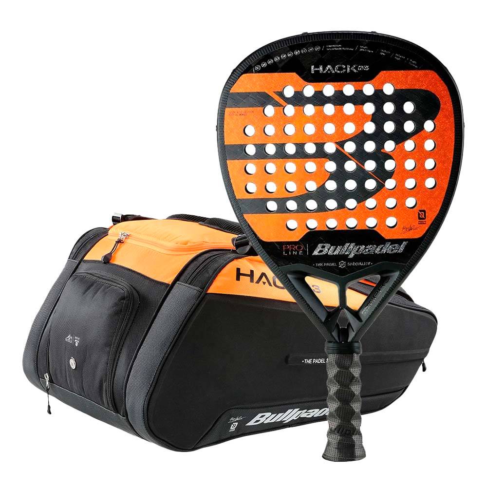 Bullpadel Hack 03 2024 Paquito Navarro padel racket with Bullpadel BPP-24012 Hack 2024 racket bag Orange/Black