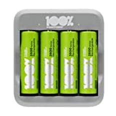 100% PeakPower Laddare för 4 batterier med 4-pack AA 2300mAh NiMH-batterier | 100% PeakPower | Lätt USB-driven AA och AAA batteriladdare - Smarta säkerhets