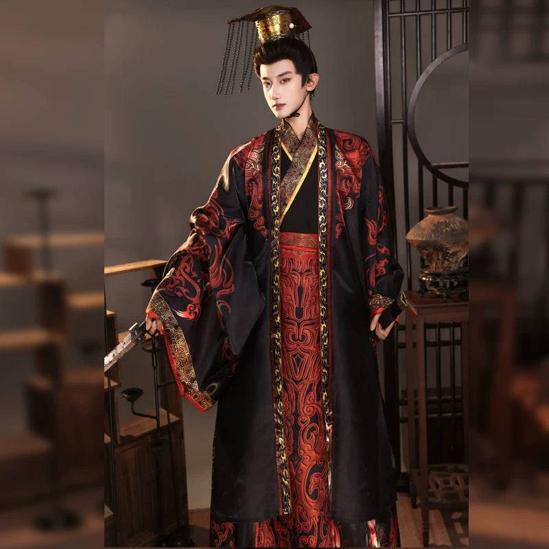 Qin-Inspired Emperor Hanfu Robe Costume | Sets & Crown Options - Black & Red Set + Crown / M