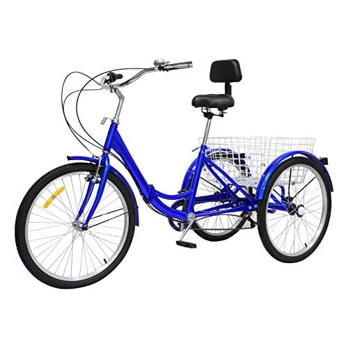 KAUITOPU 24 tums trehjuling, vikbar cykel med inköpskorg ryggstöd manuell ringklocka för vuxna seniorer kvinnor män 7 växlar blå