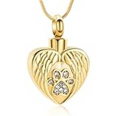 VCCWYQK Kremering smycken urna halsband för aska för husdjur hund tassavtryck ängel vinge hjärta urna medaljong hänge för hund/katt (guld)