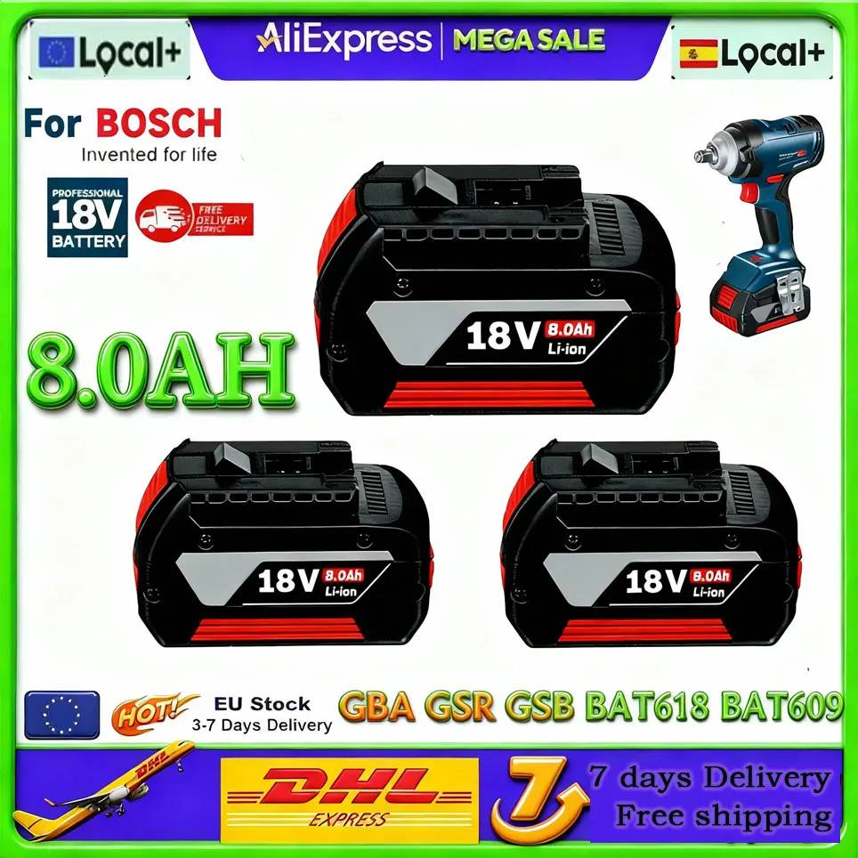 18V 8.0ah Rechargeable Battery for Bosch 18V Backup Battery Portable Replacement GBA GSR GSB BAT618 BAT609 BAT620