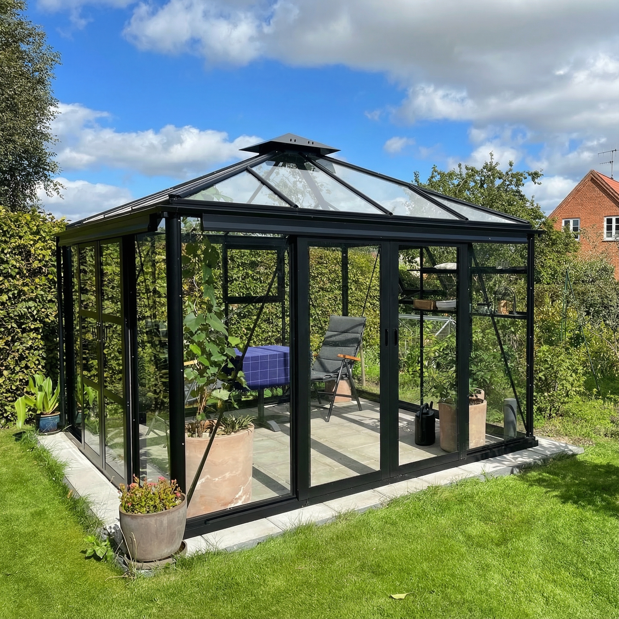 Drivhus Royale Cube 9.8 m² 2.0 - Ral 9010 hvid / 4 mm. hærdet helbaneglas komplet / Dobbelt skydedøre med lås (uden sprosser)