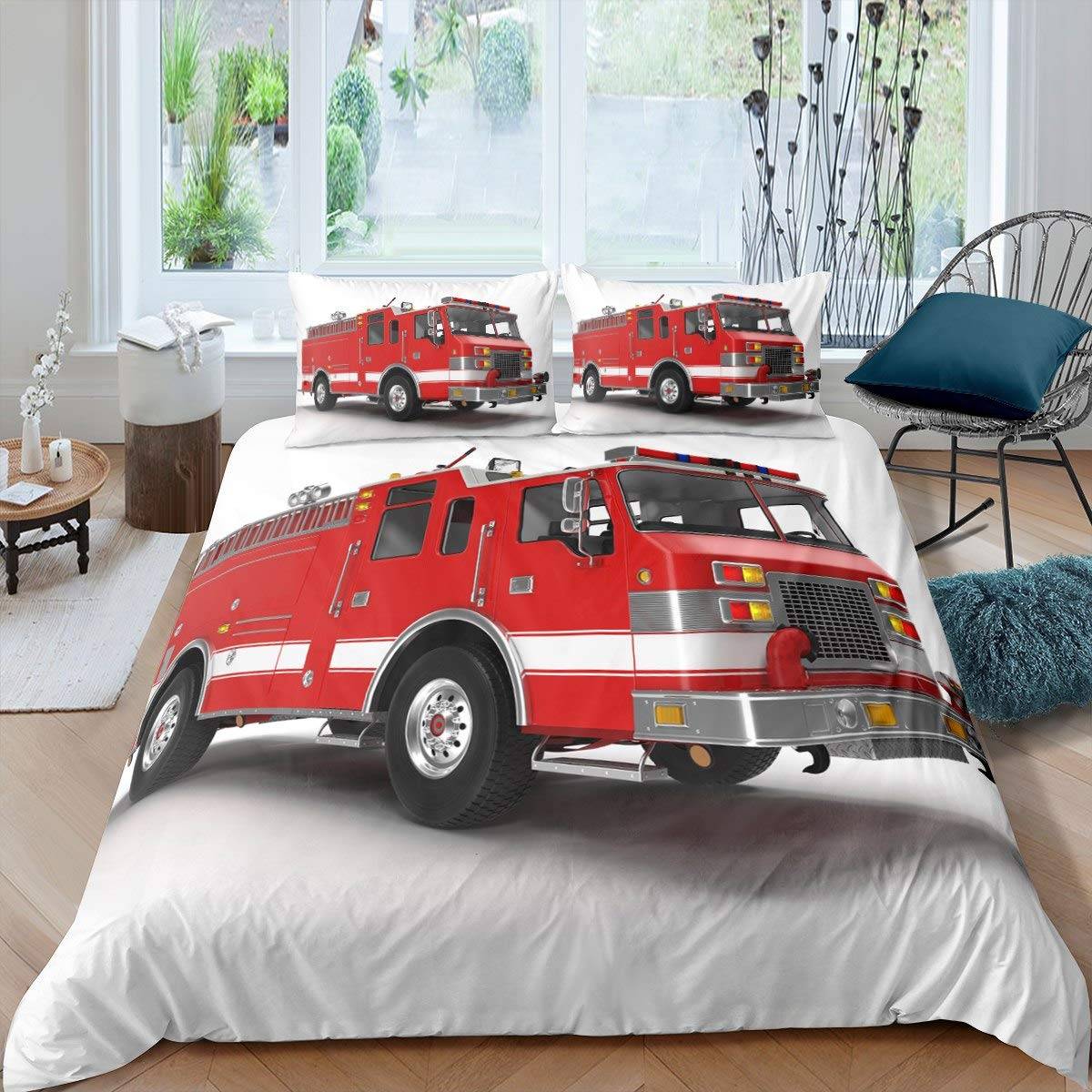 Brandbil Påslakanset Barn Brandmän Bil Fordon Sängkläder Set För Pojkar Brandbil Mönster King Size Täcke Överdrag EU SK(260x220cm)