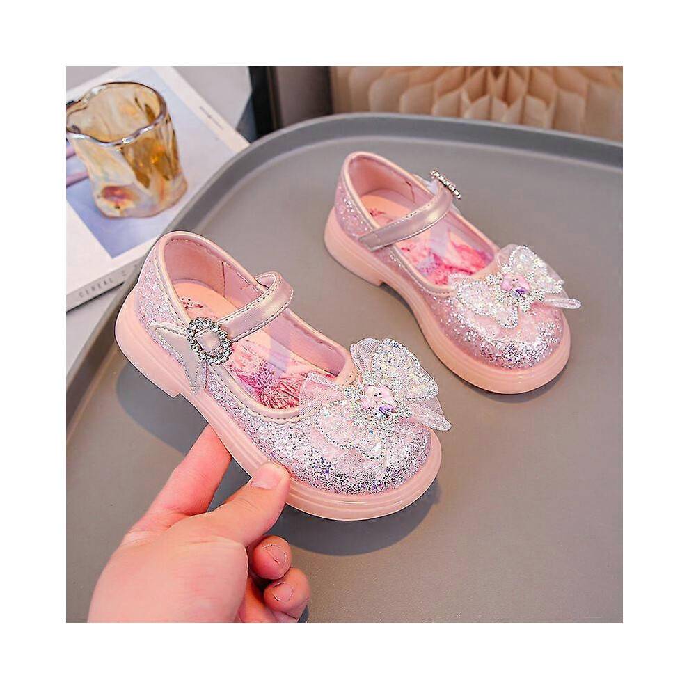 (28-Insole 17.4 cm) Anti Slip Sole Girls' Luminous Pu Leather LED Light Shoes Frozen Children's Glitter Elsa Princess Shiny Shoes Size 23-34