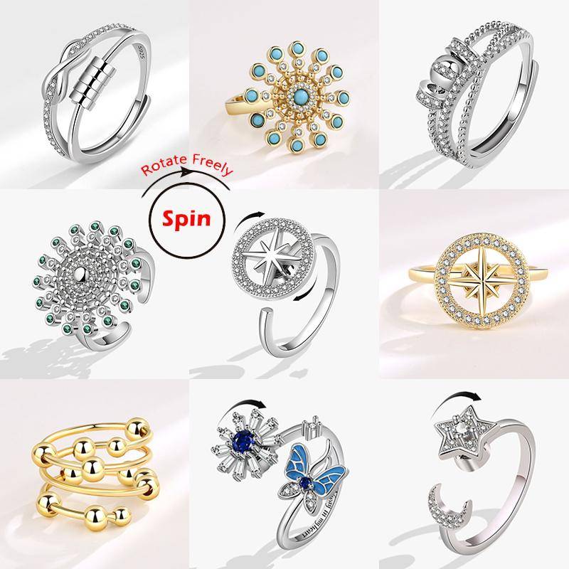 2026 Mode Pärlor Ångestring Fidget Spinnerringar Korea Kristall Fjäril Blomma Stjärna Måne Ring Anti Stress Smycken Gåva white