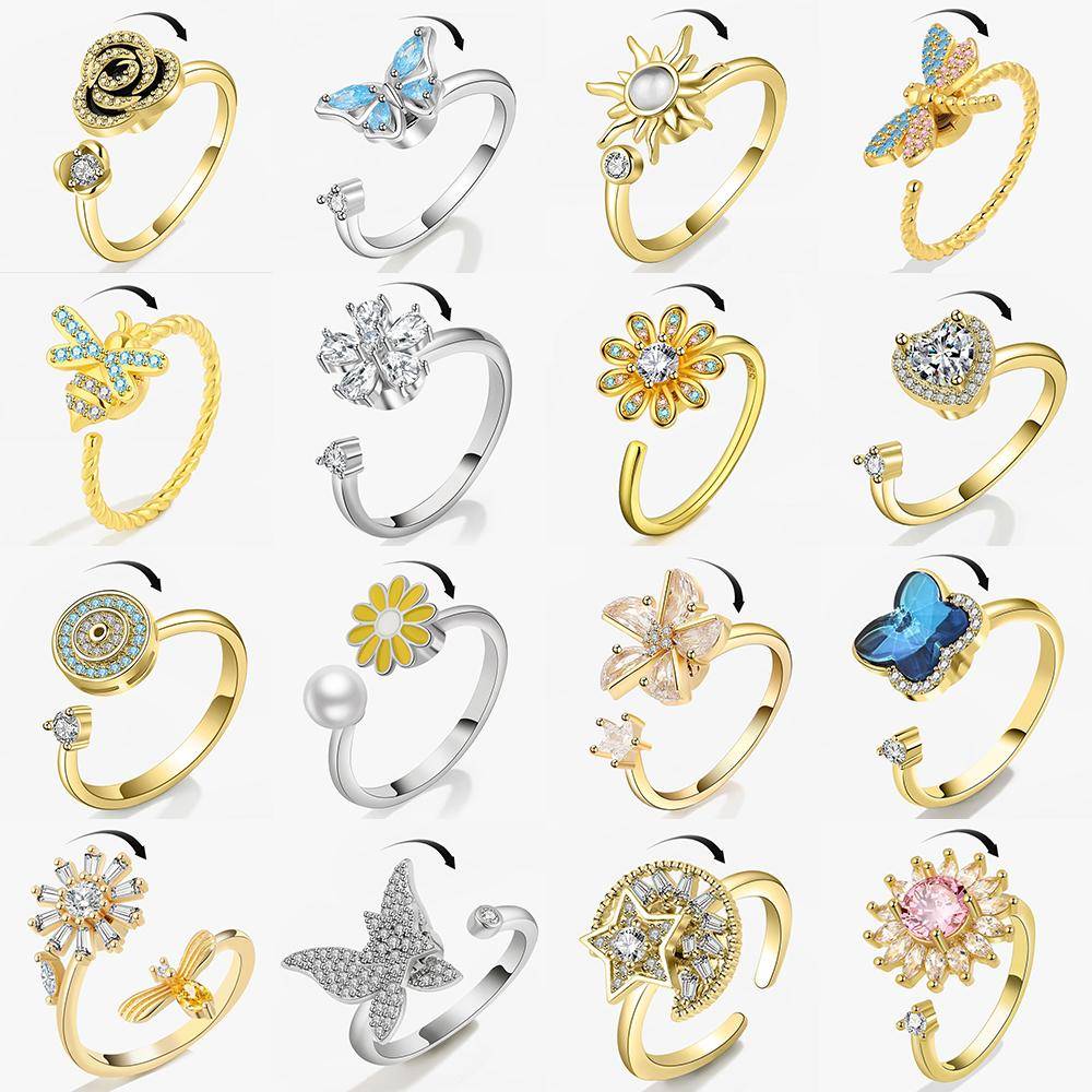 SMJEL Fidget Spinner Ring Ångest för kvinnor Flera Kristall Blomma Ögon Fjäril Djurring Rotera Anti Stress Bröllop Jewerly