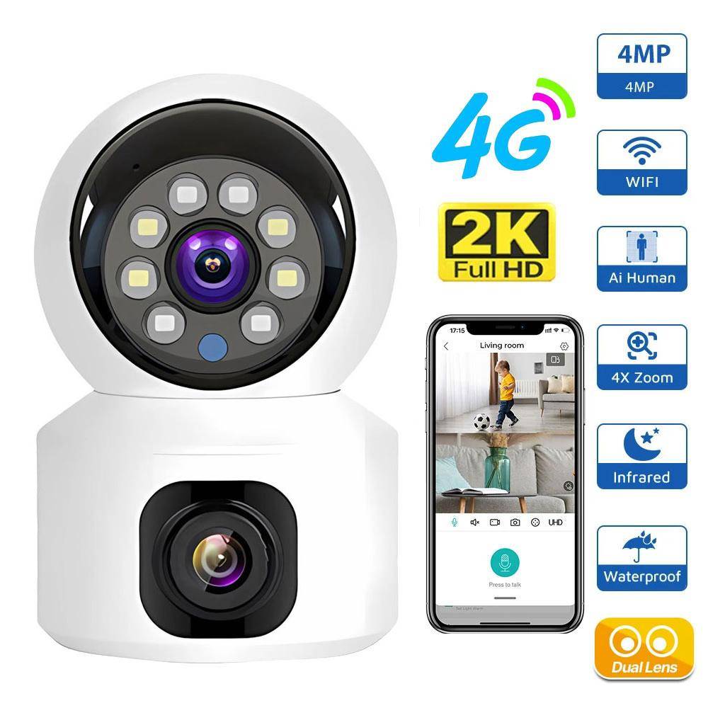 SIM-kort 4G-kamera inomhus Dubbla lins Mini IP-kamera 2K 4MP WIFI Trådlös säkerhet Night Vision Camara Video Surveillance V380 Pro