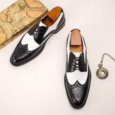 Plus Size Men Oxford Shoes, Brogue Design, Wingtip, Patchwork Black & White, Formal Dress Shoes, Wedding Party, Business, Fashion, Versatile, Gentlema - Black and White - EUR38,EUR39,EUR40,EUR41,EUR42,EUR43,EUR44,EUR45,EUR46,EUR47