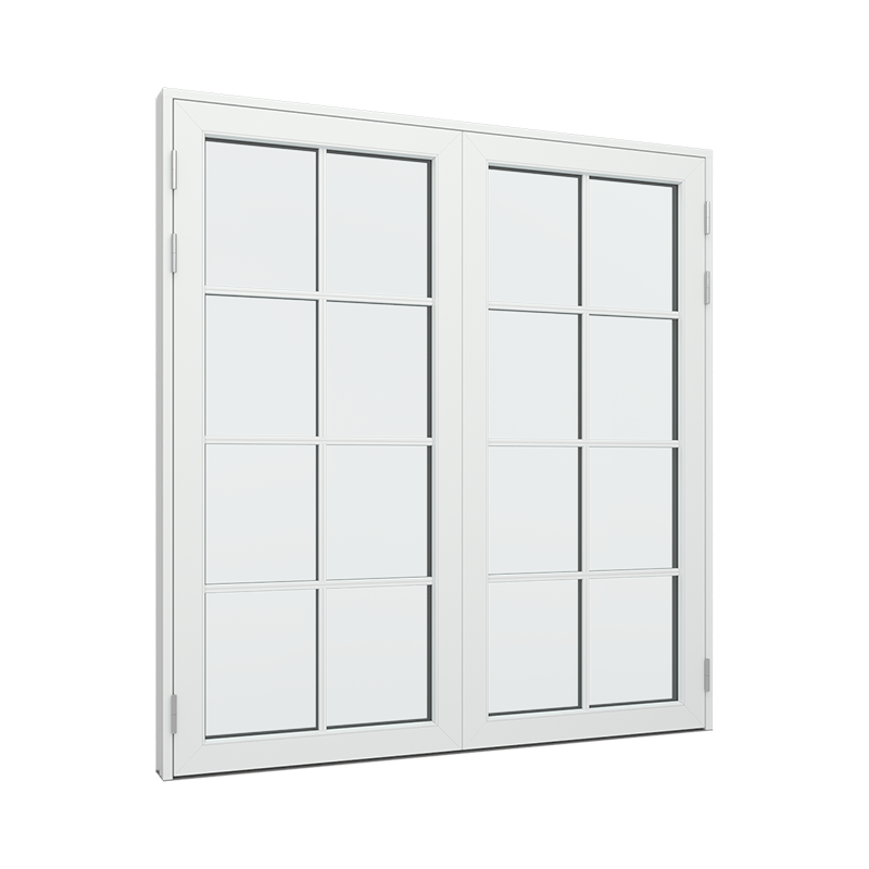 Dobbelt terrassedør med 2x4 glasfelter i hver dør.