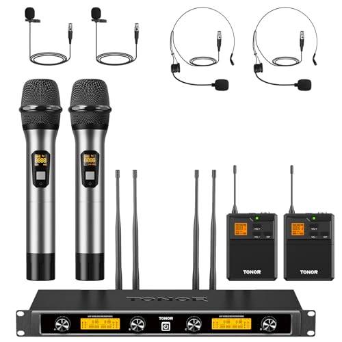 TONOR 4-Kanal UHF Mikrofon Kabellos Set mit Handmikrofon/Bodypack Transmitter/Headset Funkmikrofon/Lavalier Ansteckmikrofonen, 4x5 Frequenzen 90 m Reichweite für Gesang, Karaoke, TW842