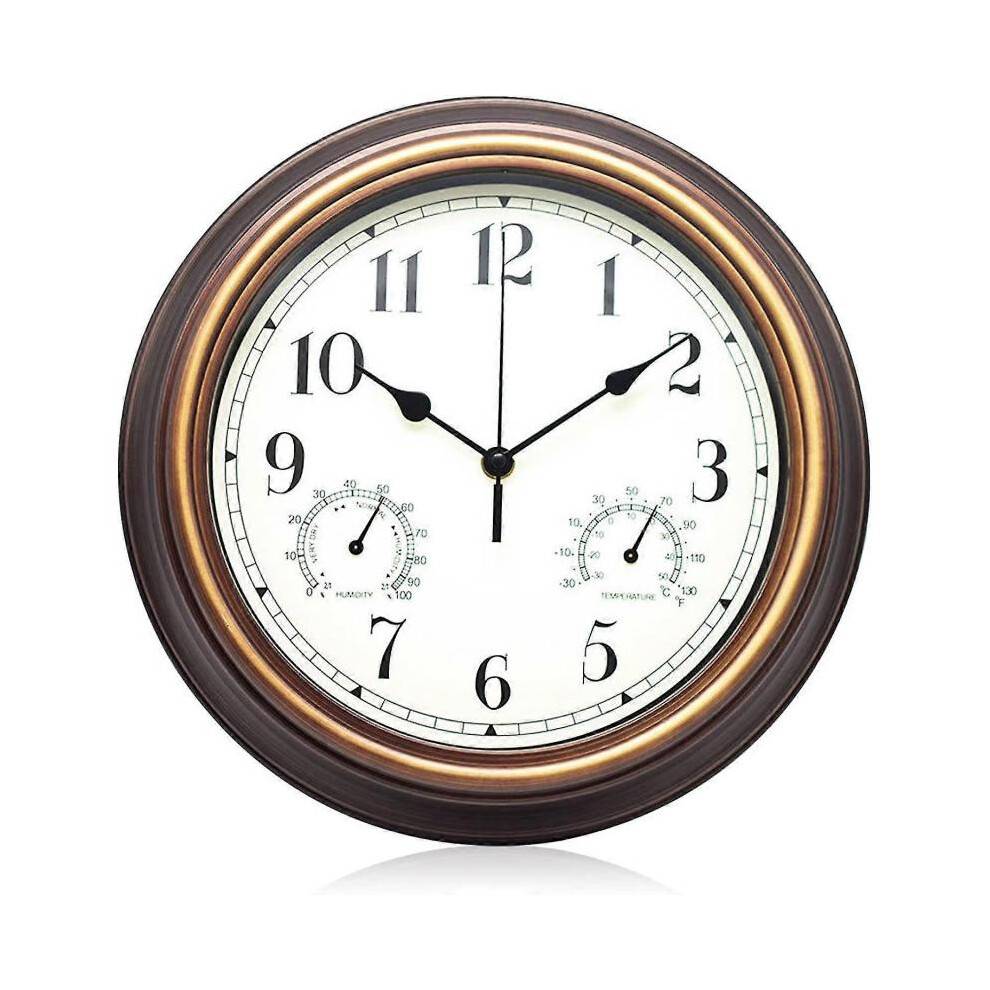 (Red Bronze) Garden Clock Outdoor Waterproof Clocks With Thermometer Hygrometer 12 Inch Retro Metal Wall Clocks For Patio Pool
