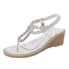 Damen Sandalen Mit Wasserbohrer Bohemian Freizeit sandaler Weich Comfort Sport Utomhus Sommer T-Riemen Rutschfeste Strandsandaletten Römer Rutschfeste Plateau Römersandalen, Silber3, 37 EU