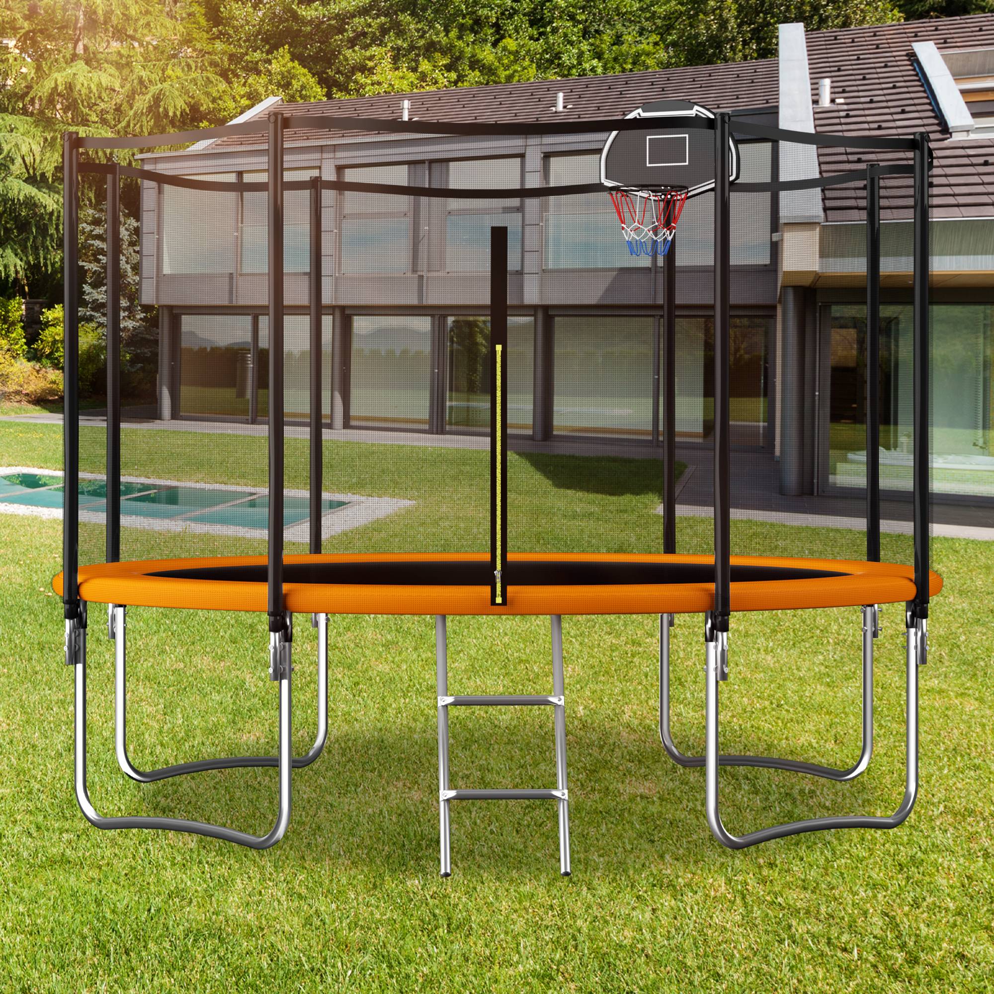 Outdoor Trampoline with Basketball Hoop and Safety Net, Heavy Duty Rebounder with Weatherproof Steel Frame, 366L x 366W x 76H cm, Orange Aosom UK