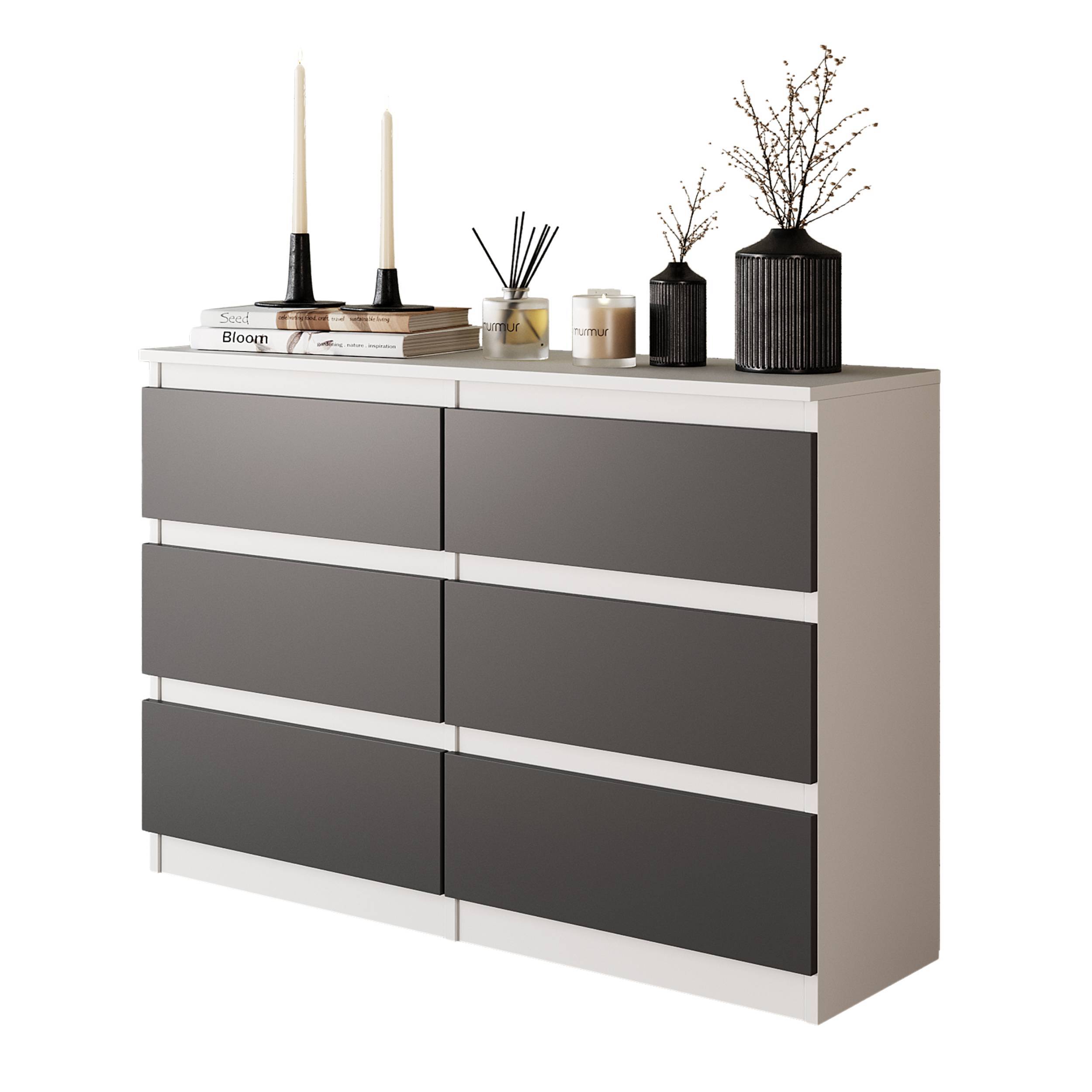 GABRIEL - Kommode / skænk med 6 skuffer - Hvid Mat / Antracit H71cm B100cm D33cm
