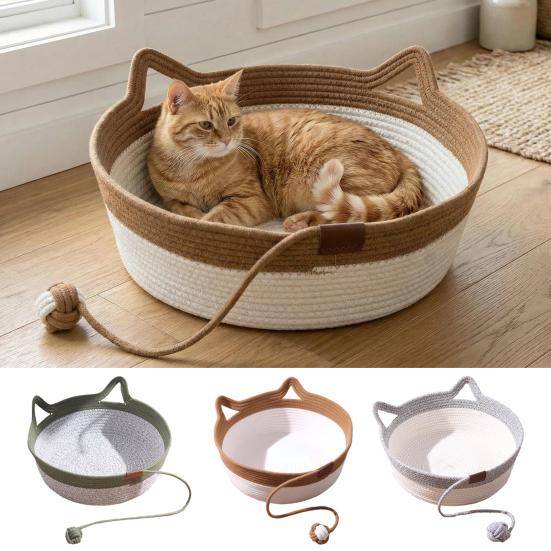 Handvävd Repkattkorg Kattbäddskorg med Repknutboll Kattörondesign Vikbar Kattbädd för Innekatter Avkoppling Sovande Underhållning