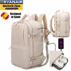 Ryanair Expandable Cabin Travel Backpack 40x25x20-25cm With Shoe Bag, Waterproof Casual Daypack Fits 14&#34; Laptop - Blue/Beige/Black/Pink/Green/Purple/A - Beige
