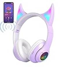 Wireless Over Ear Headphones | Headphones Wireless | Overear Headphones | Devil Cat Ear Cordless Gamer Headphones | Lightweight Over Ear Headset with Colorful Breathing Lights for Men & Women