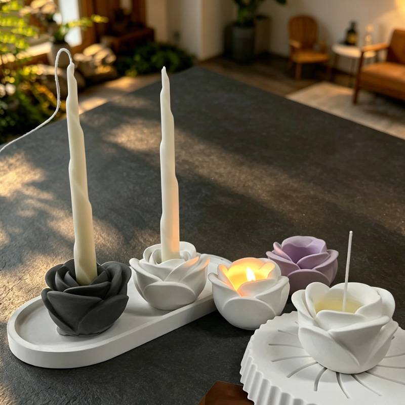 3D rose-shaped candlestick silicone mold long-handle candle holder made of gypsum and cement material