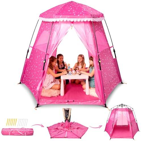 Funsland Prinsesstält för inomhusbruk, stora rosa stjärnor, popup-lektält för flickor, 200 x 99 x 135 cm, lektält för rum, lekstuga för barn, babytält utomhus, med gräsnaglar och