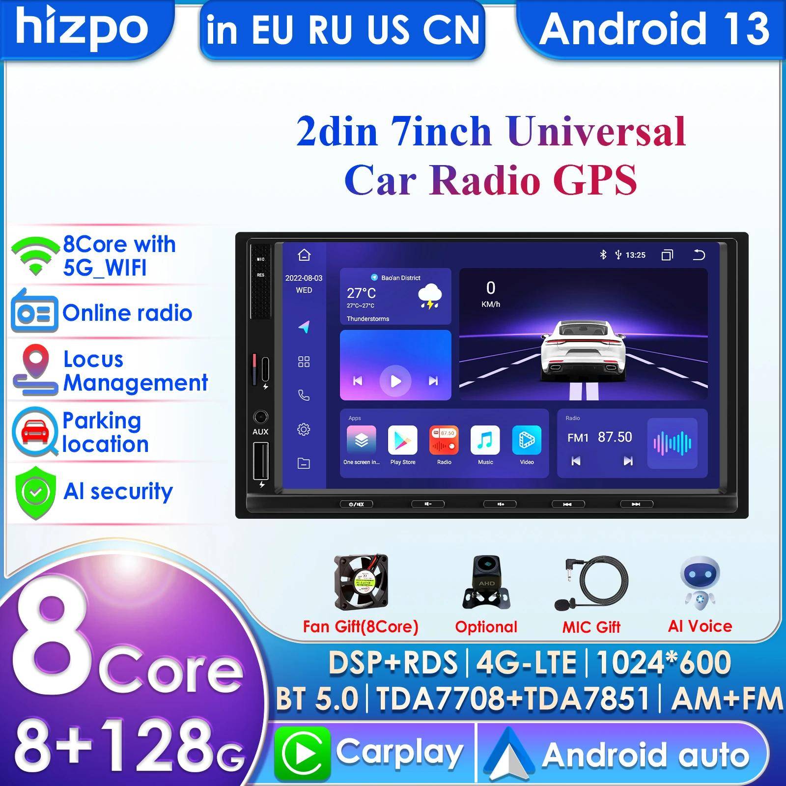 Hizpo AI Intelligent System för Universal 7-tums Bilradio Multimedia Videospelare GPS Carplay Android Auto 4G 2 Din 2din Autoradio BT android radio