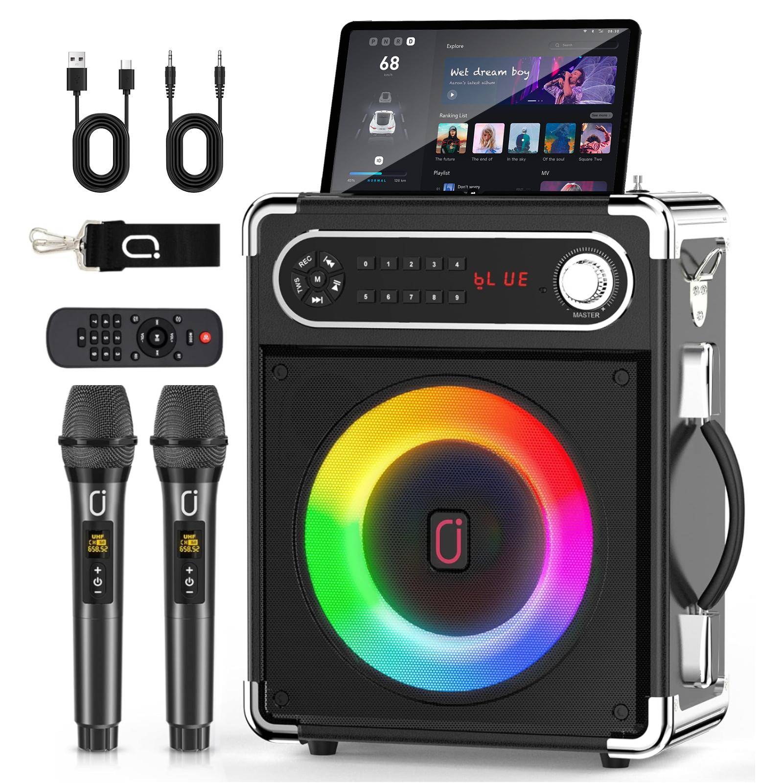 Karaokemaskin med två trådlösa mikrofoner, Bärbar Bluetooth-högtalare med bas-/diskantjustering, PA-system med fjärrkontroll
