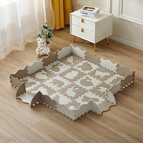 INTOMENG Kindermatte Puzzlematte Kind Play Mat for Floor Interlocking Eva Foam Puzzle Mat Krabbeldecke FüR Tiermuster drucken Krabbelmatte rutschfest 142×142×1cm, Tannfarbe Modell 10