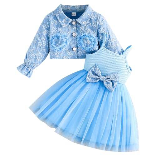 Kunyeah Tutu-klänning för babyflickor med kofta liten flicka tyll ärmlös klänning blommig spetsjacka småbarn långärmad outfit, BLÅ, 6-9 månader