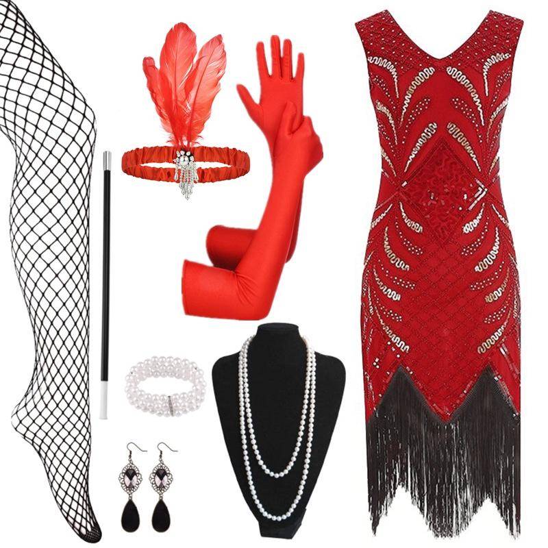 1920-tals Gatsby Vintage Paljettpärlbroderad Klänning med Tiara, Handskar & Halsband - 8 Delars Set cm