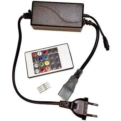 Neon Flex LED RGB-controller med endeprop og infrarød fjernbetjening, 230V-input.