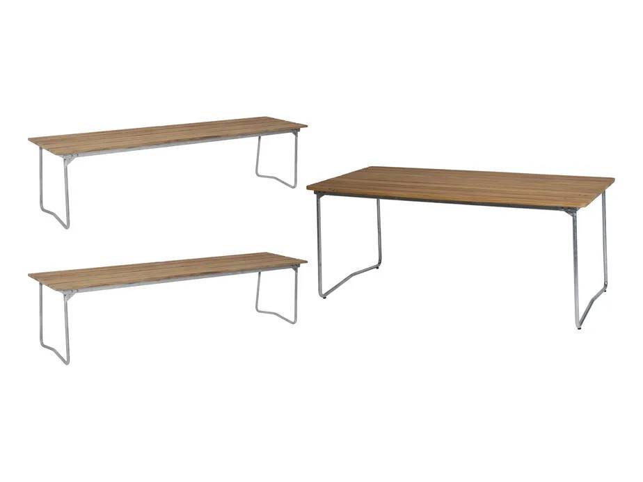 Grythyttan Stålmöbler B31 matgrupp Teak/galvat 2 bänkar 170 cm & bord 170 x 92 cm