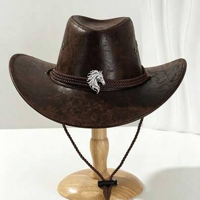 Unisex vintage western cowboyhatt i sprucket konstläder med silverfärgad hästdetalj, bred brätte och vindrep, utomhusaccessoar, flera färger att välja - Multi-color