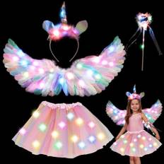 YOUYIKE Enhörningsdräkt barn färgglada fjädervingar änglavingar, enhörning hårband trollstav LED tutu tyllkjol flicka för halloween karneval cosplay födelsedag fest karneval kostym barn (färgglad)