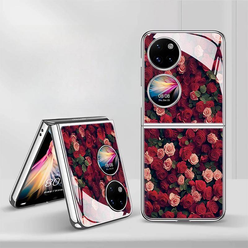 Röd ros är lämplig för Huawei P50pockets vikbar skärm Samsung Zflip6 mobiltelefonfodral Matex5 elektropläterat glas Xiaomi Mixflip