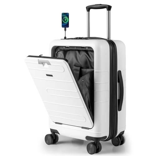 COSTWAY 20 tum handbagage med vikbar bordsskiva, 38 l resväska med framficka, laptopfack, USB-port och dubbla hjul, PC-hårt skal med TSA-lås för affärsresor, Vit, 20”