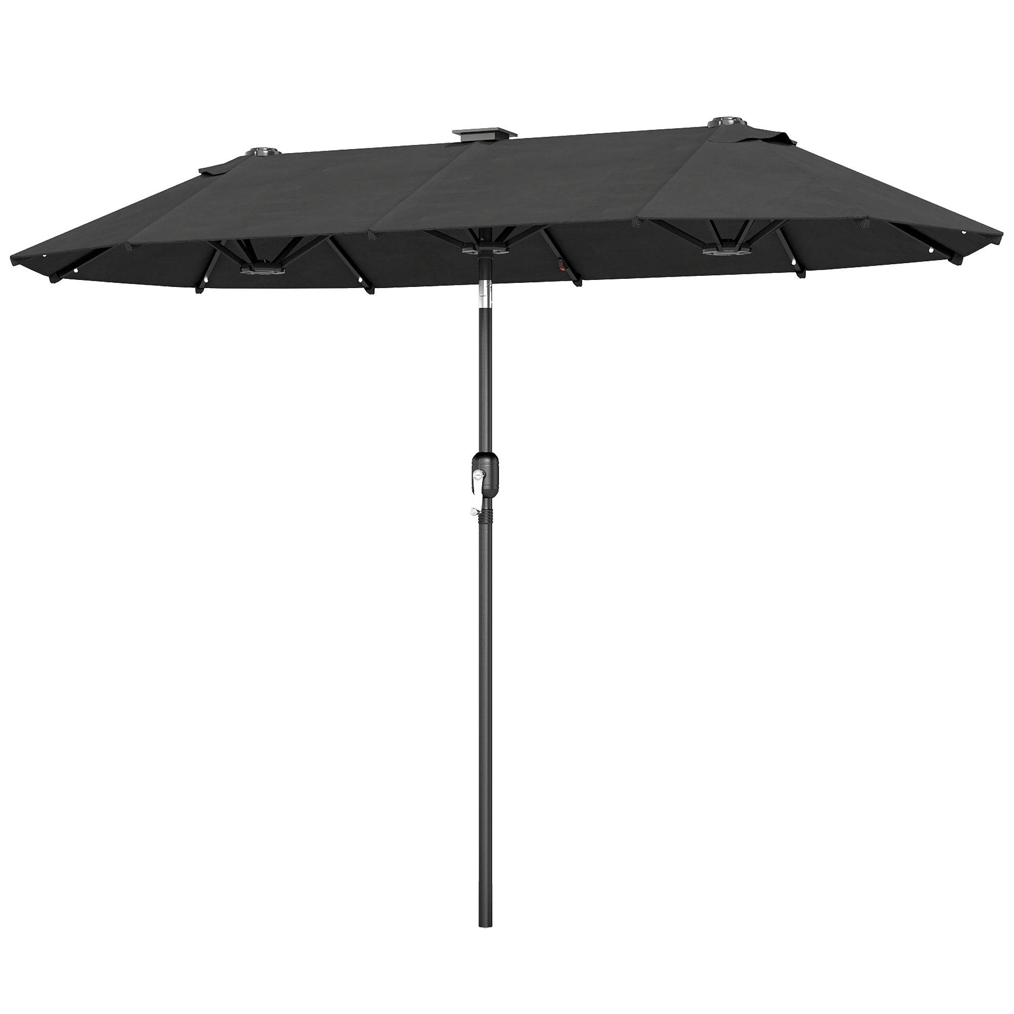 Dobbelt parasol, terrasseparasol, vipbar, med solpanel, 35 LED'er, stålramme, grå, 2,92 x 1,50 x 2,18 m