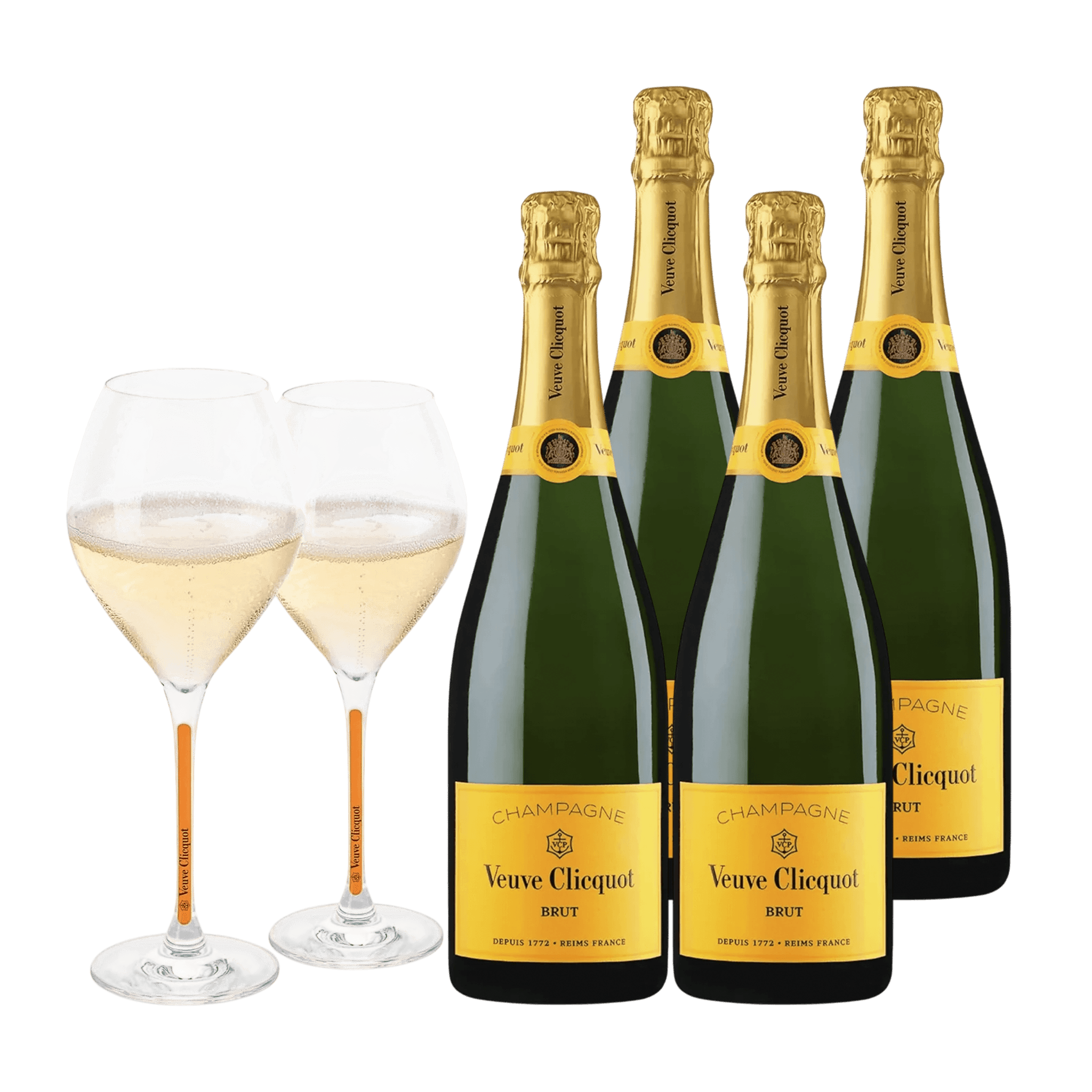 Champagne Veuve Clicquot Yellow Label Brut 75 cl. (4 stk. + 2 Veuve Clicquot glas)