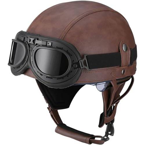 Motorcykelhjälm Open Face Motorcykelhjälm Vuxen DOT ECE-godkänd Läderkrockhjälm Med Glasögon Quick Release Retro Motorcykelhjälm Mopedhjälm(P,S=(55~56cm))