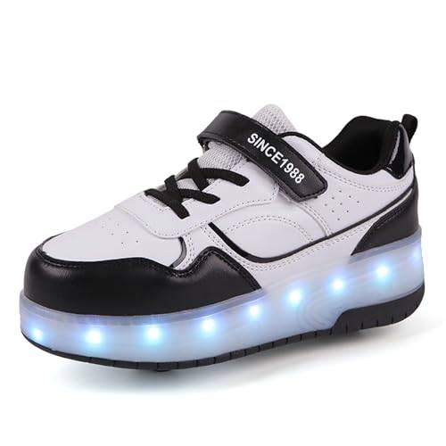Skor med hjul för flickor pojkar justerbara rullskridskor, infällbara sneakers med hjul för barn, LED-blinkande skoter, skridskor för utomhussporter, svart, 34 EU