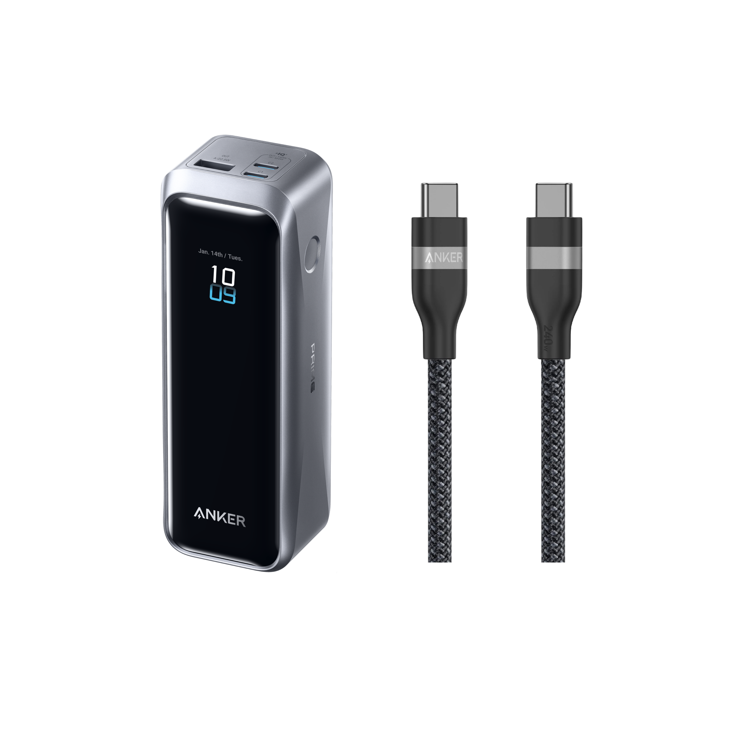 Anker Prime Power Bank (20K, 220W) + Anker USB-C to USB-C Cable (240W, Upcycled-Braided)