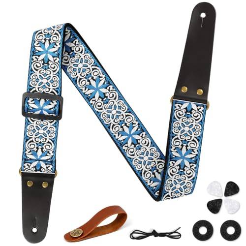 Aucuu Gitarrbälte, 2 tum vintage broderad bomull gitarrrem, justerbart gitarrband, gitarrbälte äkta läder ändar för bas elektrisk akustik, med bältesknapp 2 bälteslås 4 gitarrplektrum, #3 blå jacquard