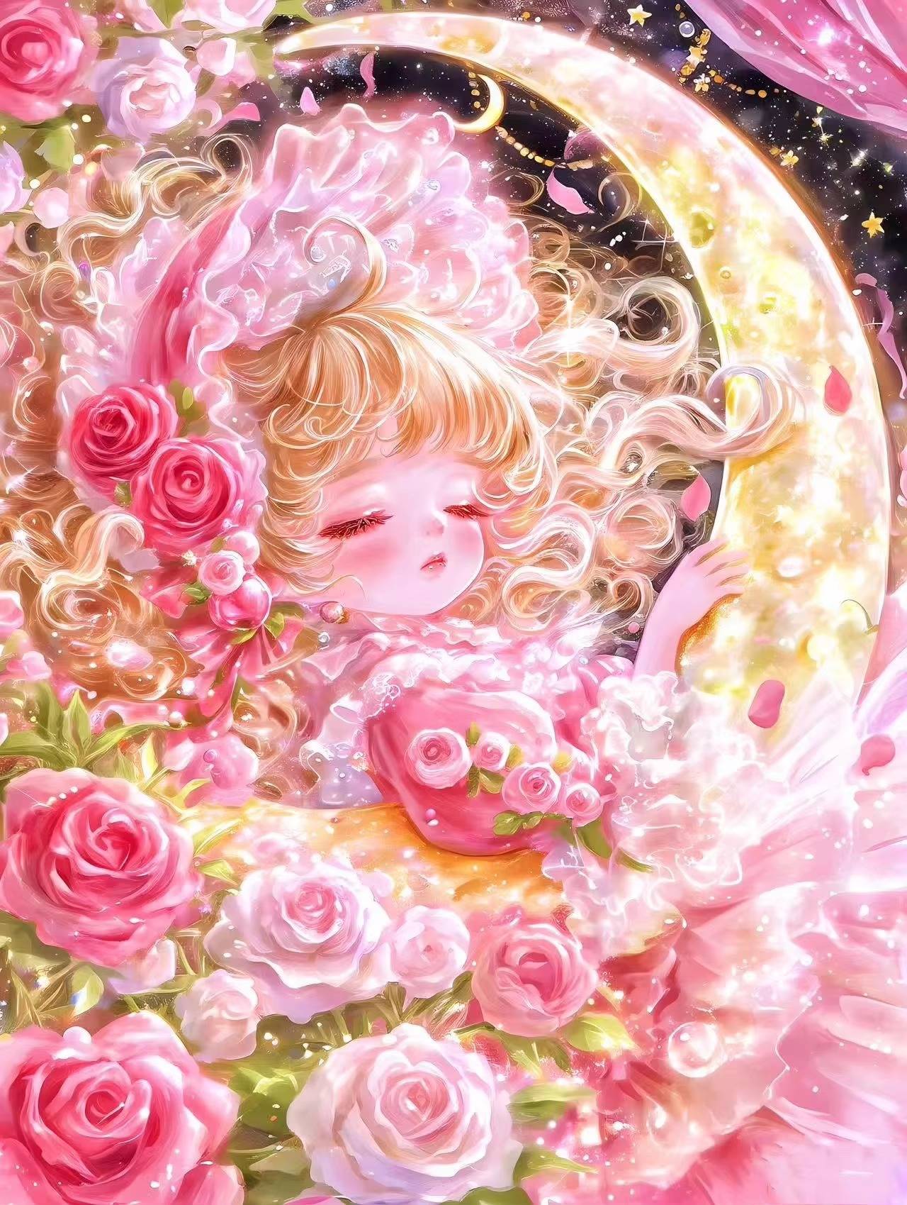 Sparkling Pink Floral Moon Lass Art Frameless Jigsaw Puzzle 500/1000/1200/2000PCS Desktop Ornament Housewarming Gift