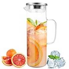Nutabevr 1,5 liter vattenkaraff av glas, glaskaraff och lock i rostfritt stål, tjock panna av borosilikatglas, värmebeständig vattenkokare, perfekt för vin, kaffe, varmt vatten och fruktjuicer