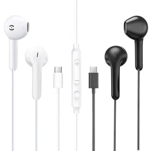 MAS CARNEY 【2 Pack】 USB C-Hörlurar med Kabel TH9, In-Ear Headphones Type C med Mikrofon för iPad Pro, Samsung Galaxy S25 S24 S23 A55 A53, Google Pixel, Huawei, Mi, Oppo, Svart/Vit