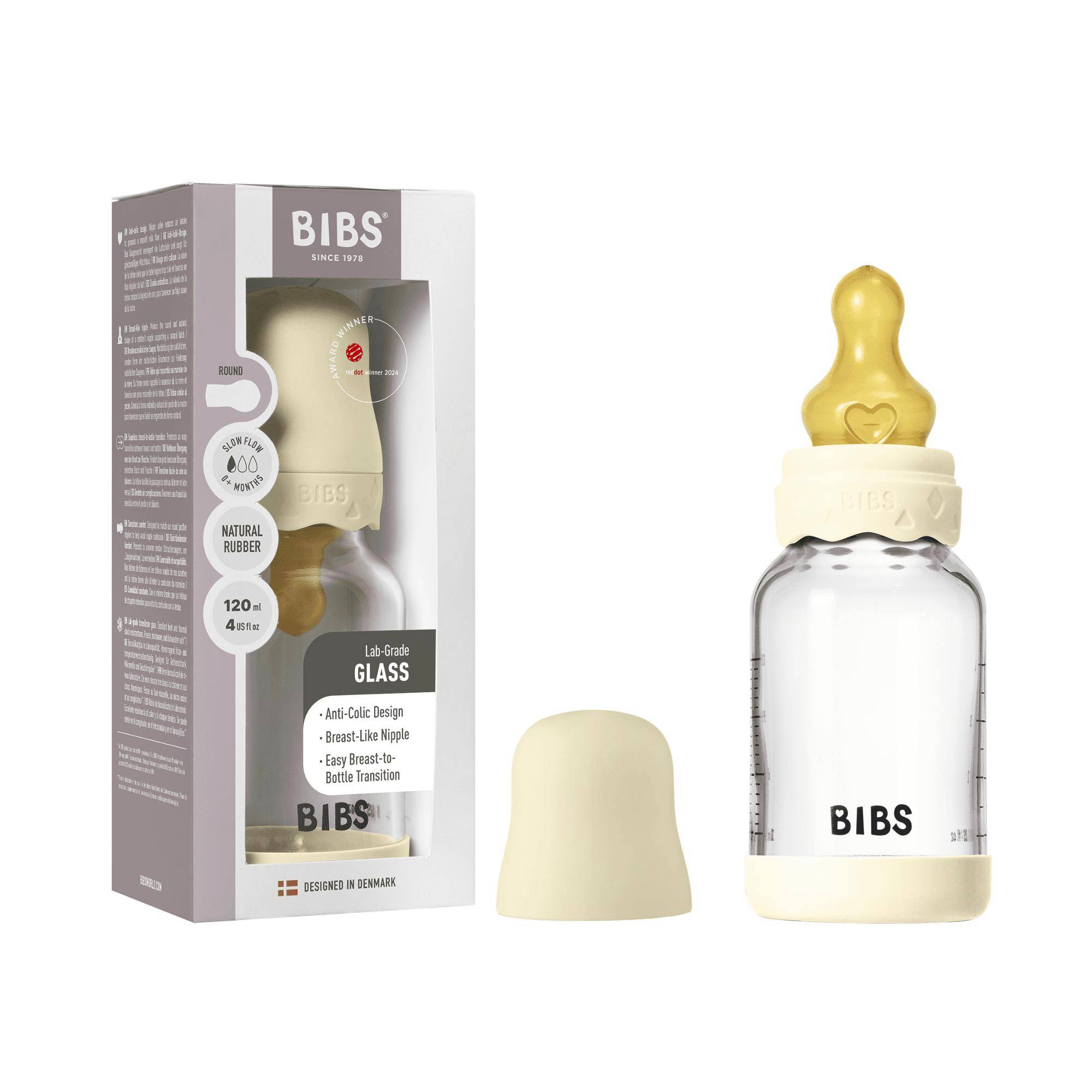BIBS Glass Boheme Baby Bottle Round Latex 120 ml Slow Flow Ivory 120 ml