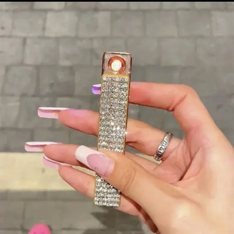 New Rechargeable USB Windproof Cigarette Lighter, Diamond-encrusted Tungsten Wire, Exquisite and Compact, Gift Lighter for Women