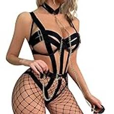 Matching Couples Underwear Set Sexy Lingerie Set With Hollowed Out Bra Neck Collar And Weave Belt For Women Silk Bodysuit Lingerie for Women (Black, XXXXXL)