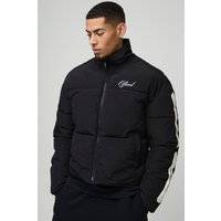 Mens Black Boxy Funnel Neck Skeleton Puffer Jacket