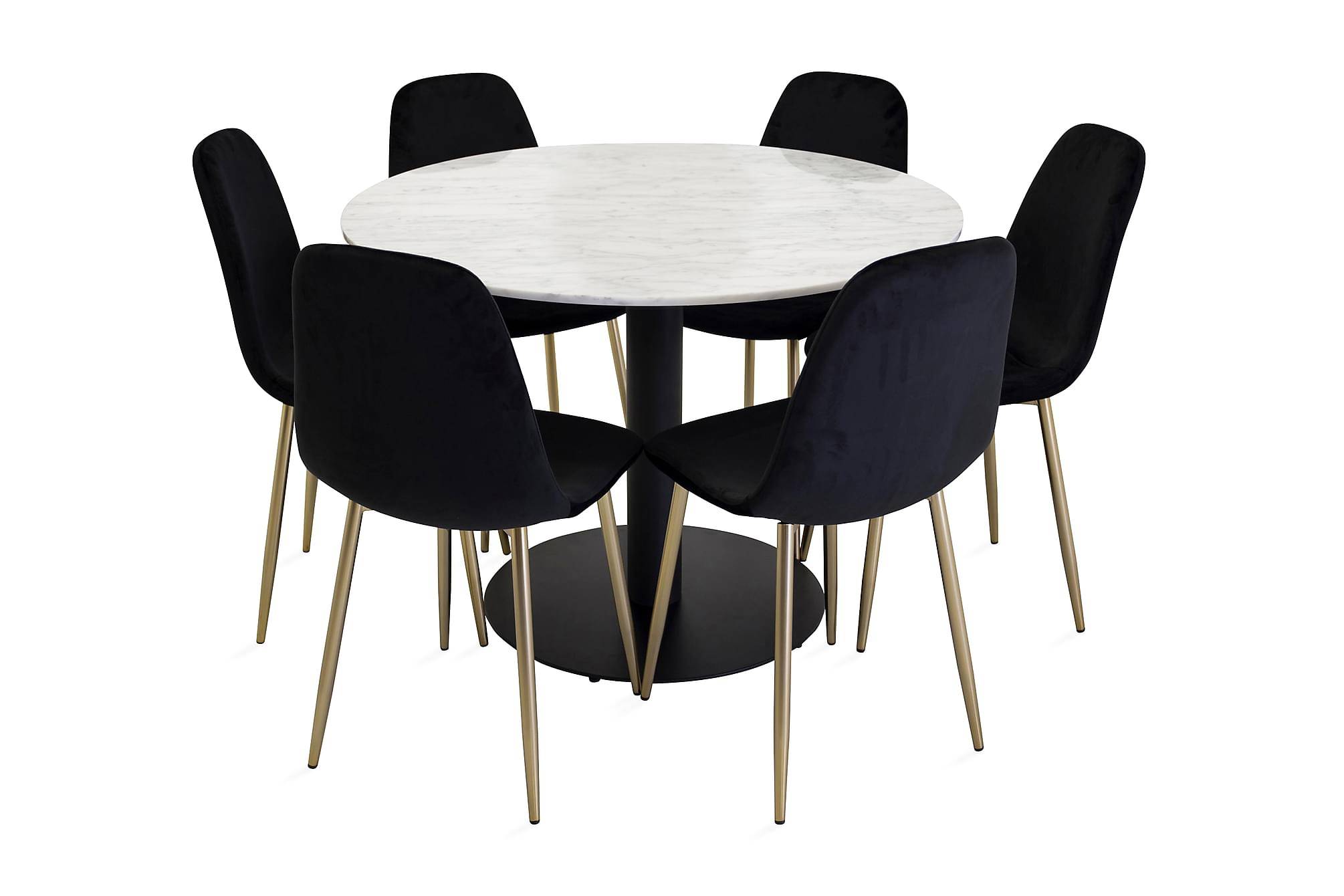 Venture Home Admira Matgrupp 106 cm Rund Marmor med 6 Pontus Köksstol - Sammet Grå/Svart Matgrupp & matbord med stolar