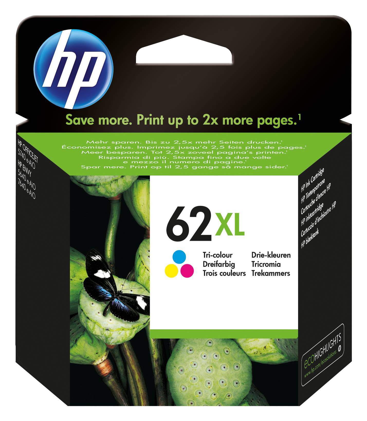 HP 62XL High Yield Tri-color Original Ink Cartridge blækpatron 1 stk Højt (XL) udbytte Blå, Magenta, Gul